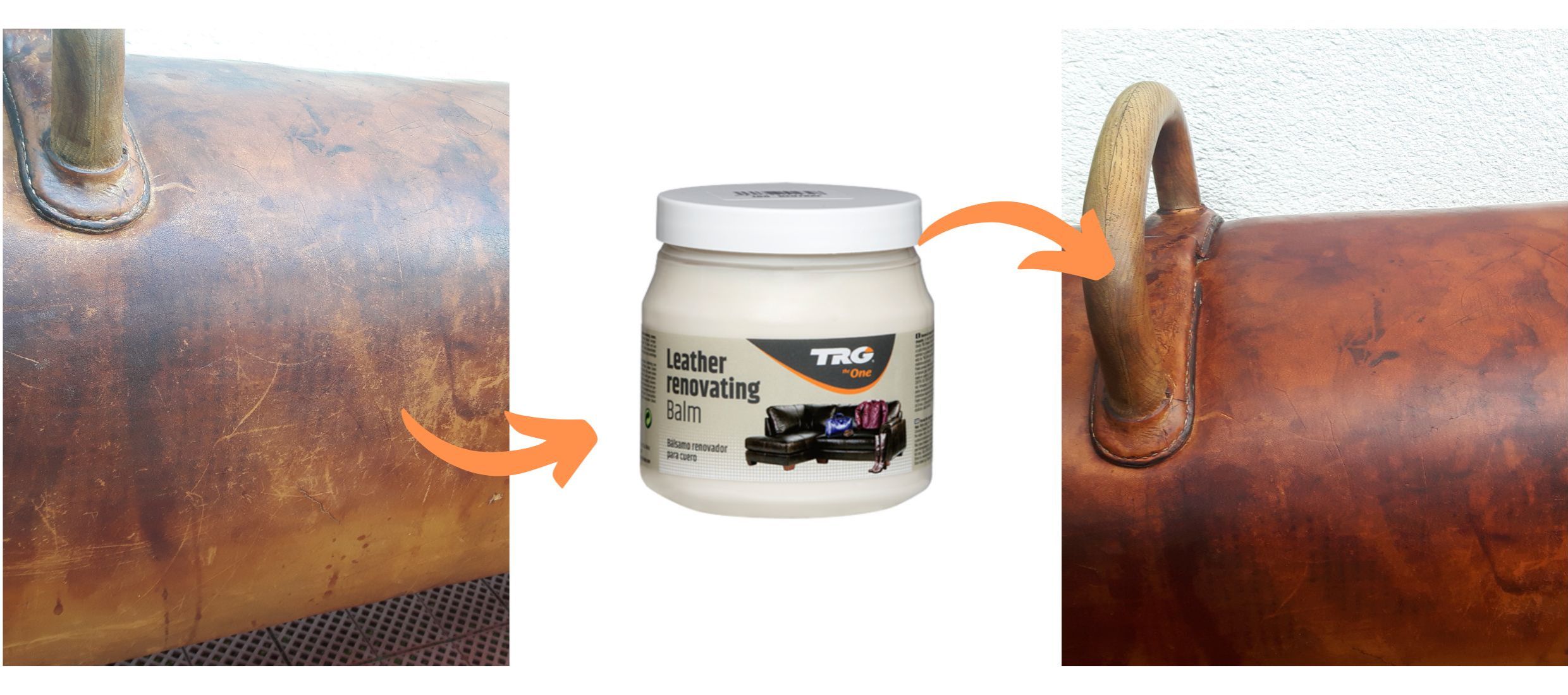 Bezbarvý Krém na kožené sedačky 100 Neutral Leather Renovating Balm TRG ukázka použití